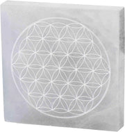 Piastra di ricarica quadrata - Selenite - Fiore di vita - Purificazione energetica - Ricarica di cristalli - Manufatto a mano 10 x 11 cm - Piastra energetica