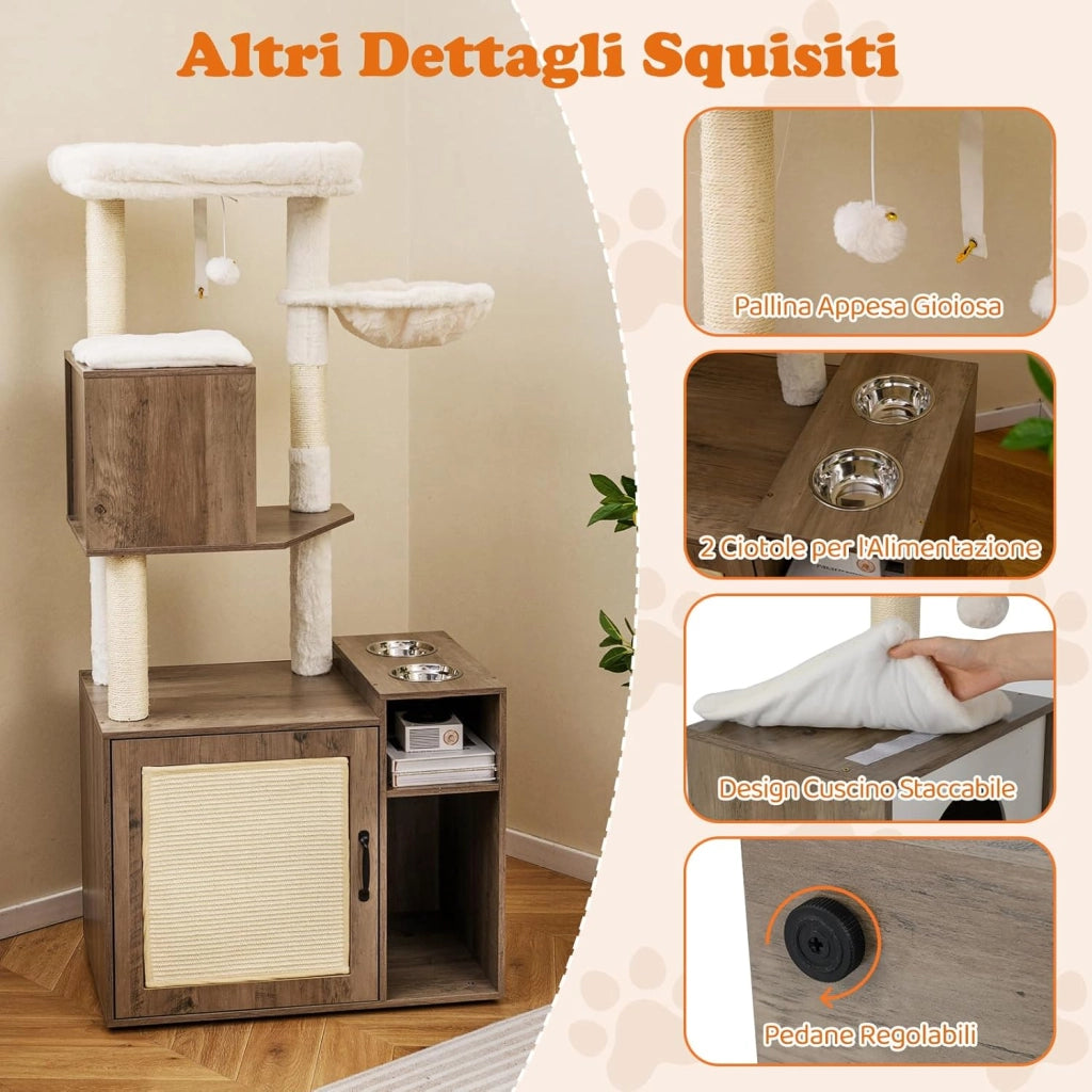 Mobiletto per Lettiera per Gatti, Tiragraffi per Gatti con Posto Graffio in Sisal e Tappetino, Pallina Pendenti, Toilette Nascosta e 2 Ciotole per Cibo, Mobili Moderni per Gattini (Grigio)