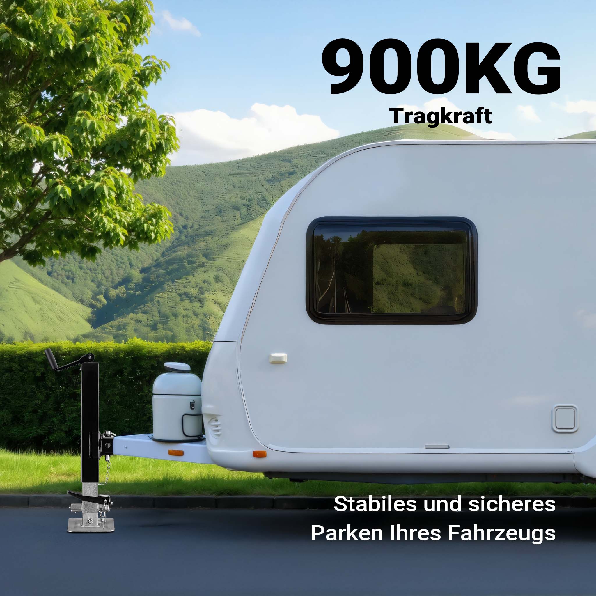 Piede stabilizzatore per rimorchi roulotte, max 900 kg, regolabile in altezza con manovella, con pedale e perno di sicurezza