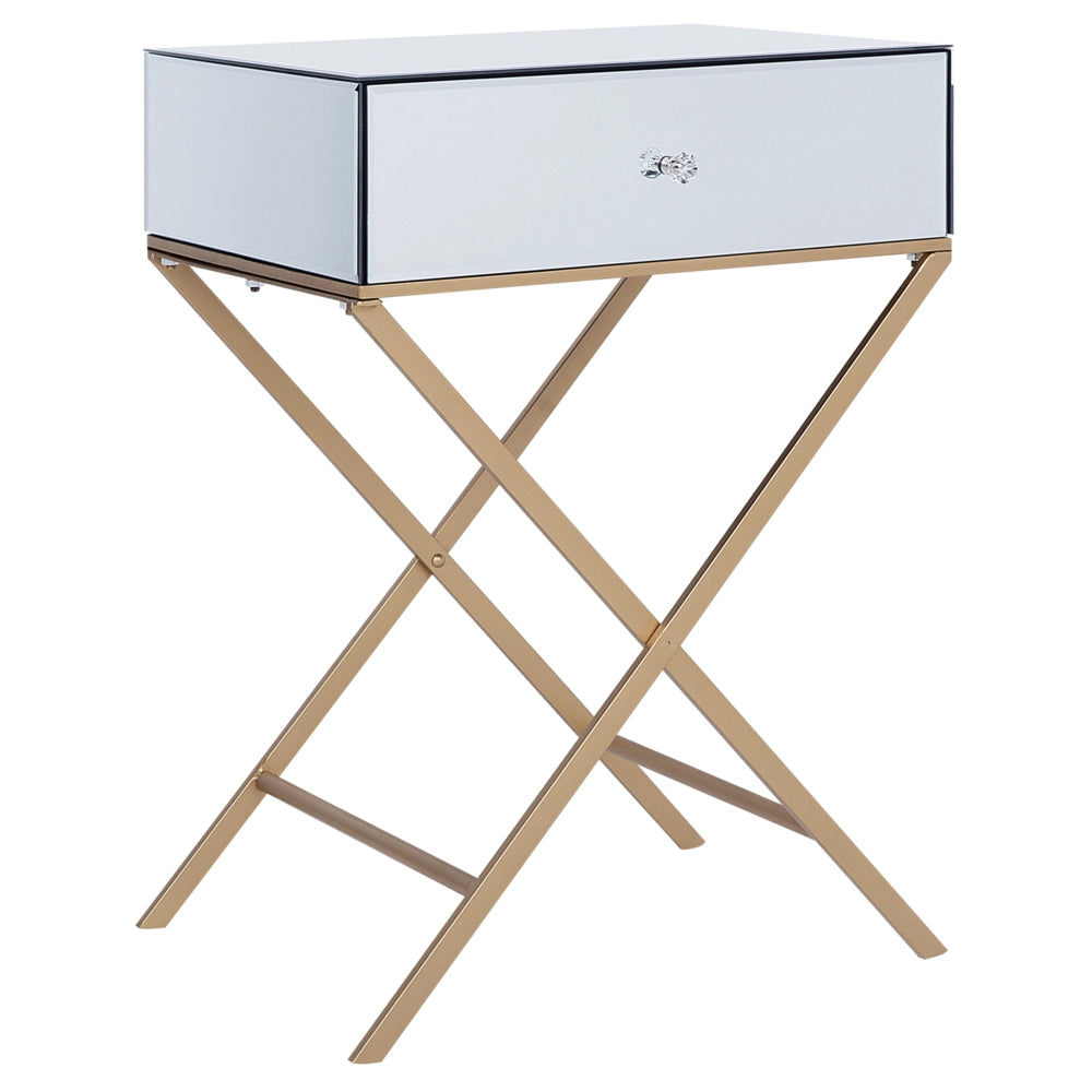 Tavolino Argento Specchio Top Gambe in Metallo dorato 50 x 40 cm Stile Glam Moderno con 1 Cassetto