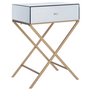 Tavolino Argento Specchio Top Gambe in Metallo dorato 50 x 40 cm Stile Glam Moderno con 1 Cassetto