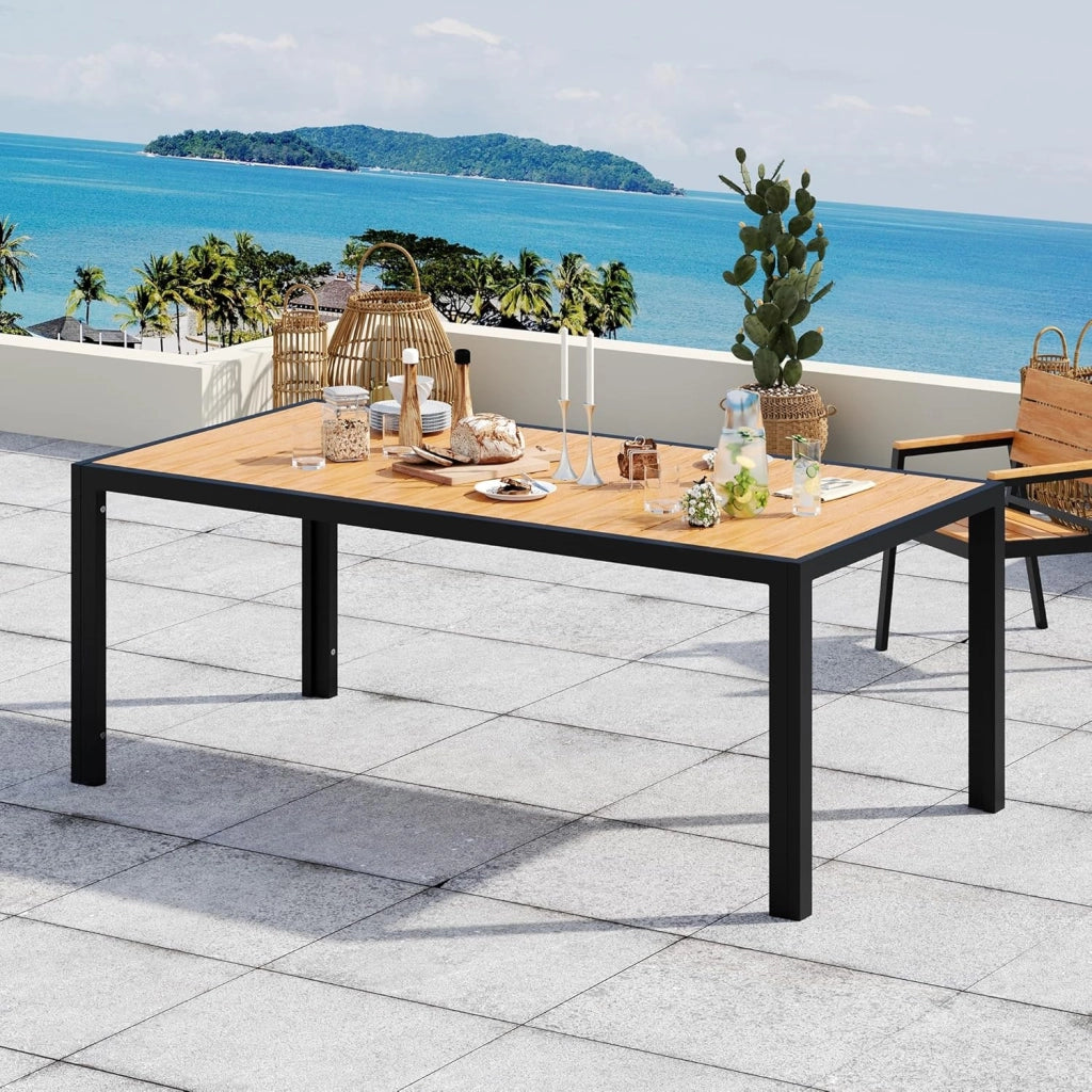 Tavolo da Giardino HDPS Resistente alle Intemperie, 150 x 80 x 74 cm Tavolino da Esterno Finitura a Vena di Legno e Facile da Manutenzionare, Tavolo da Pranzo Esterno per 4 a 6 Persone,Naturale