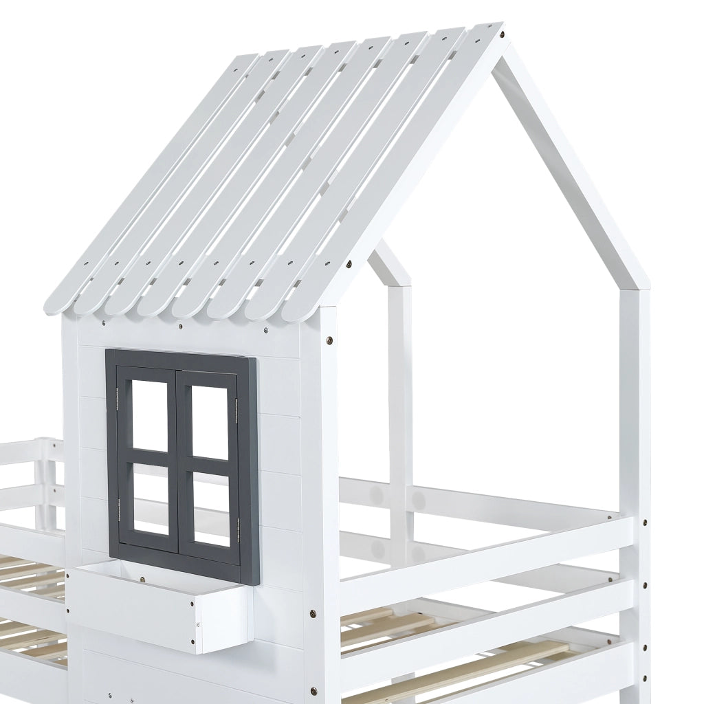 Letto a Castello 90x200 cm; 2 Posti - con Finestre; Sponda e Scalette - Bianco e Grigio