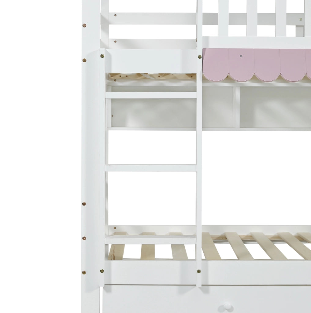 Letto a castello 90x200 cm con cassetti; ripiani e scala in legno bianco e rosa