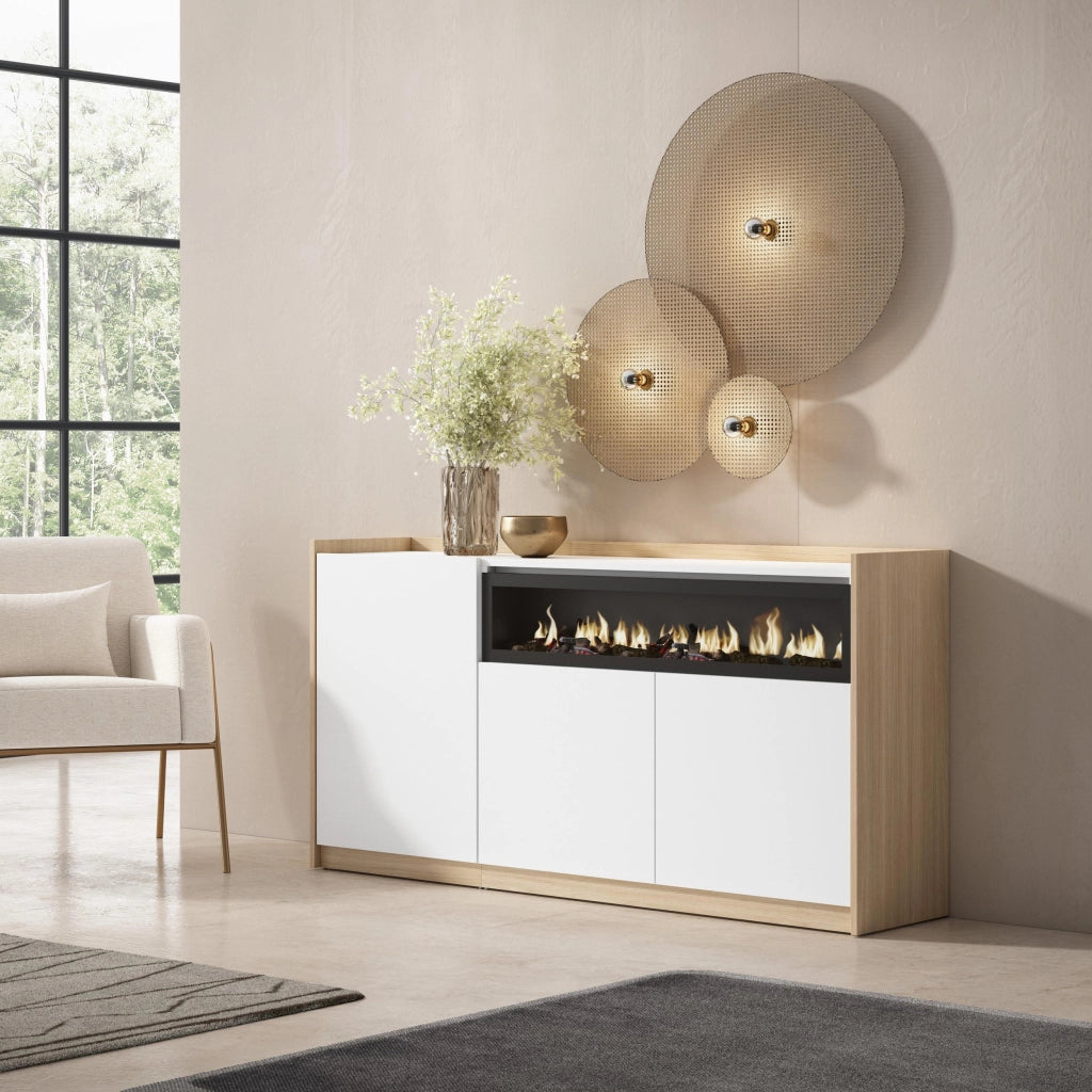 Credenza, Mobile, Cucina, 156x80x37 cm, 3 Porte, Camino elettrico, Bianco e Rovere soft