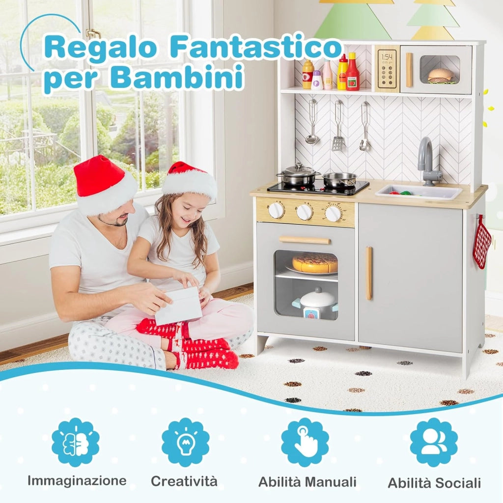 Cucina Giocattolo con Fornelli a Suoni e Luci Reali, Cucina per Bambini in Legno con Lavandelo Estrabile, Microonde e Forno, Set Cucina con Accessori, per 3+ Anni, 60 x 30 x 85 cm (Bianco)