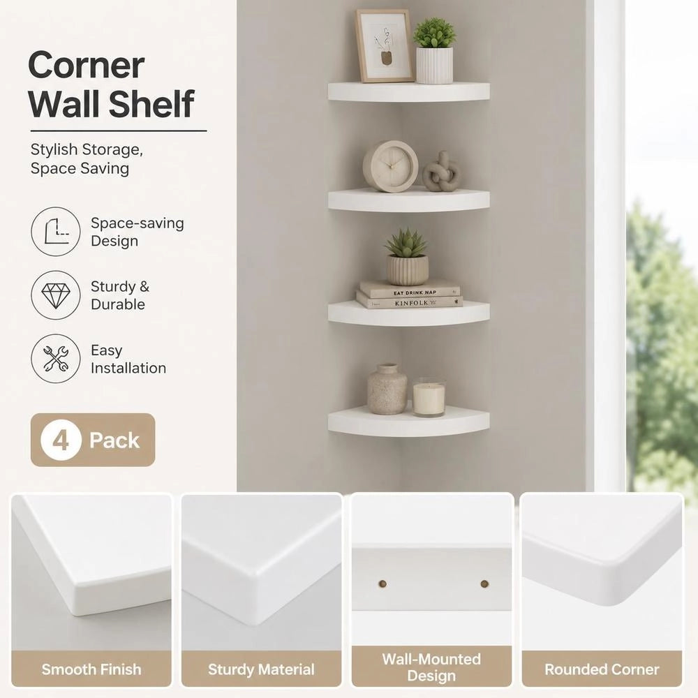 Corner Floating Shelves, 4 Pieces, White, 25x25x3.8 Cm, MDF
