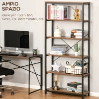 Libreria Verticale in Stile Industriale Vintage, Scaffale Salvaspazio con 6 Mensole in Legno e Metallo Nero, 80x30x180cm