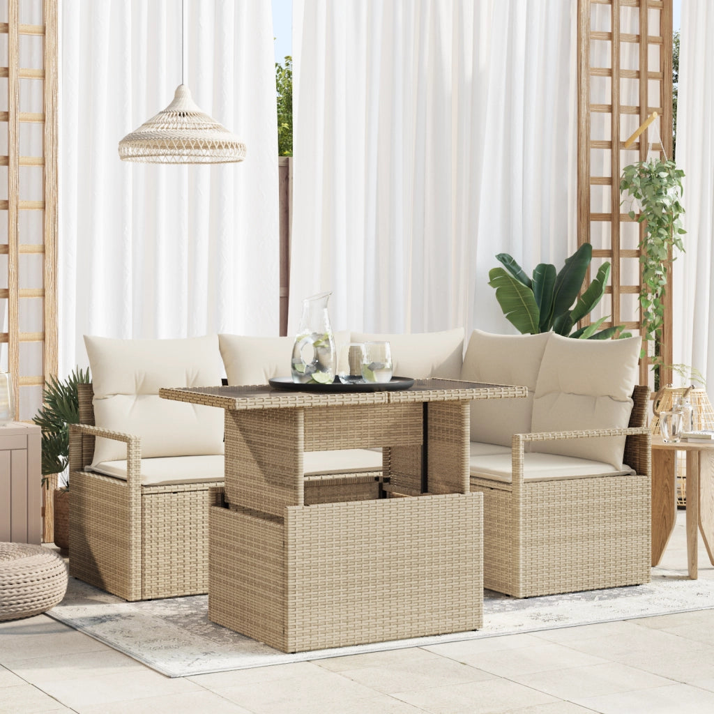 Set Divano Giardino a 5 Pezzi con Cuscini Beige Poliratann