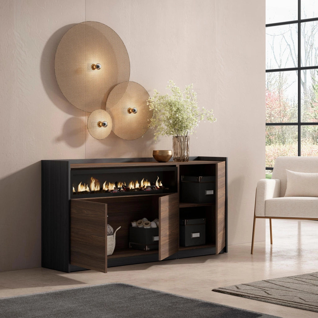 Credenza, Mobile, Cucina, 156x80x37 cm, 3 Porte, Camino elettrico, Rovere scuro e Nero