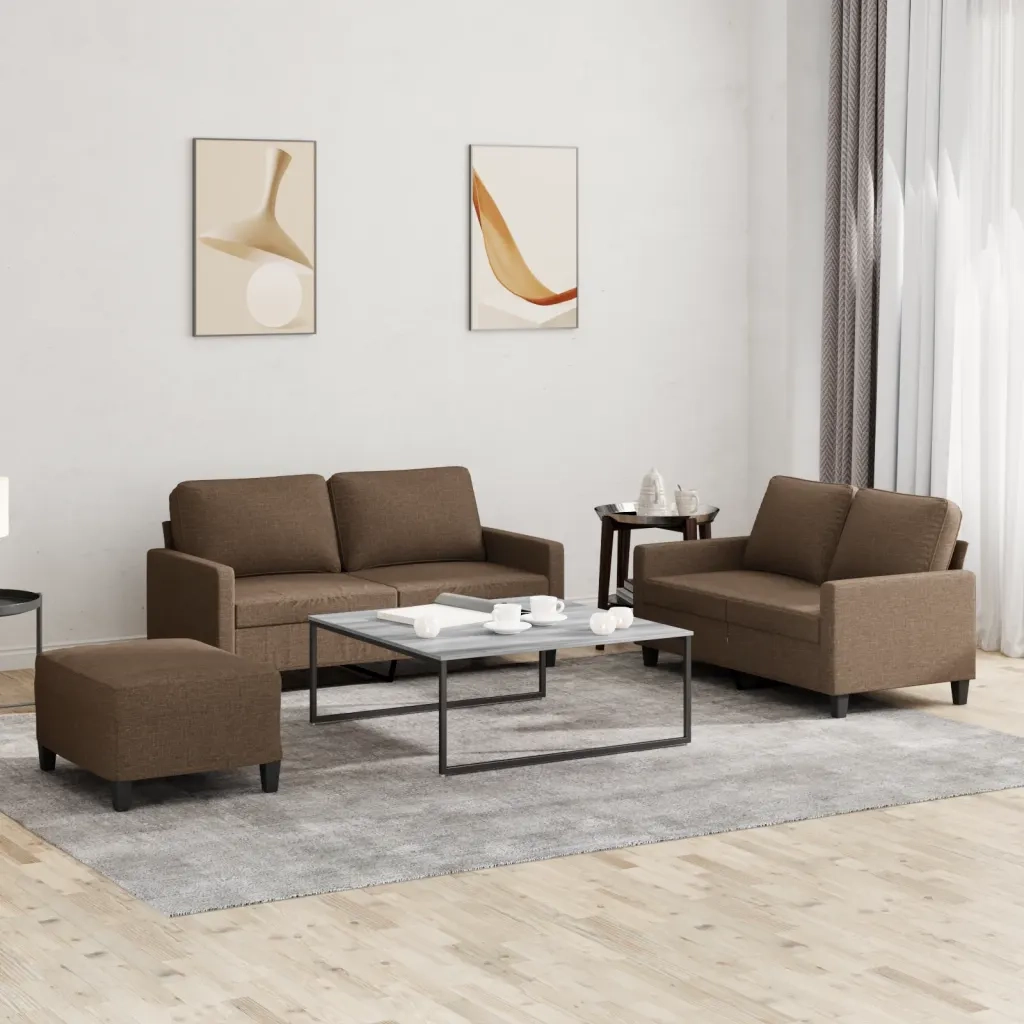Set di Divani 3 pz con Cuscini Marrone in Tessuto