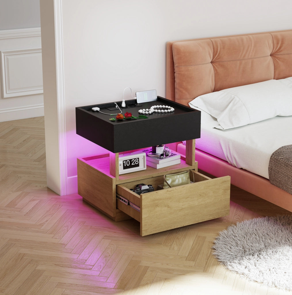Comodino intelligente 50x40x50 cm nero e legno, LED, ricarica wireless, 2 cassetti