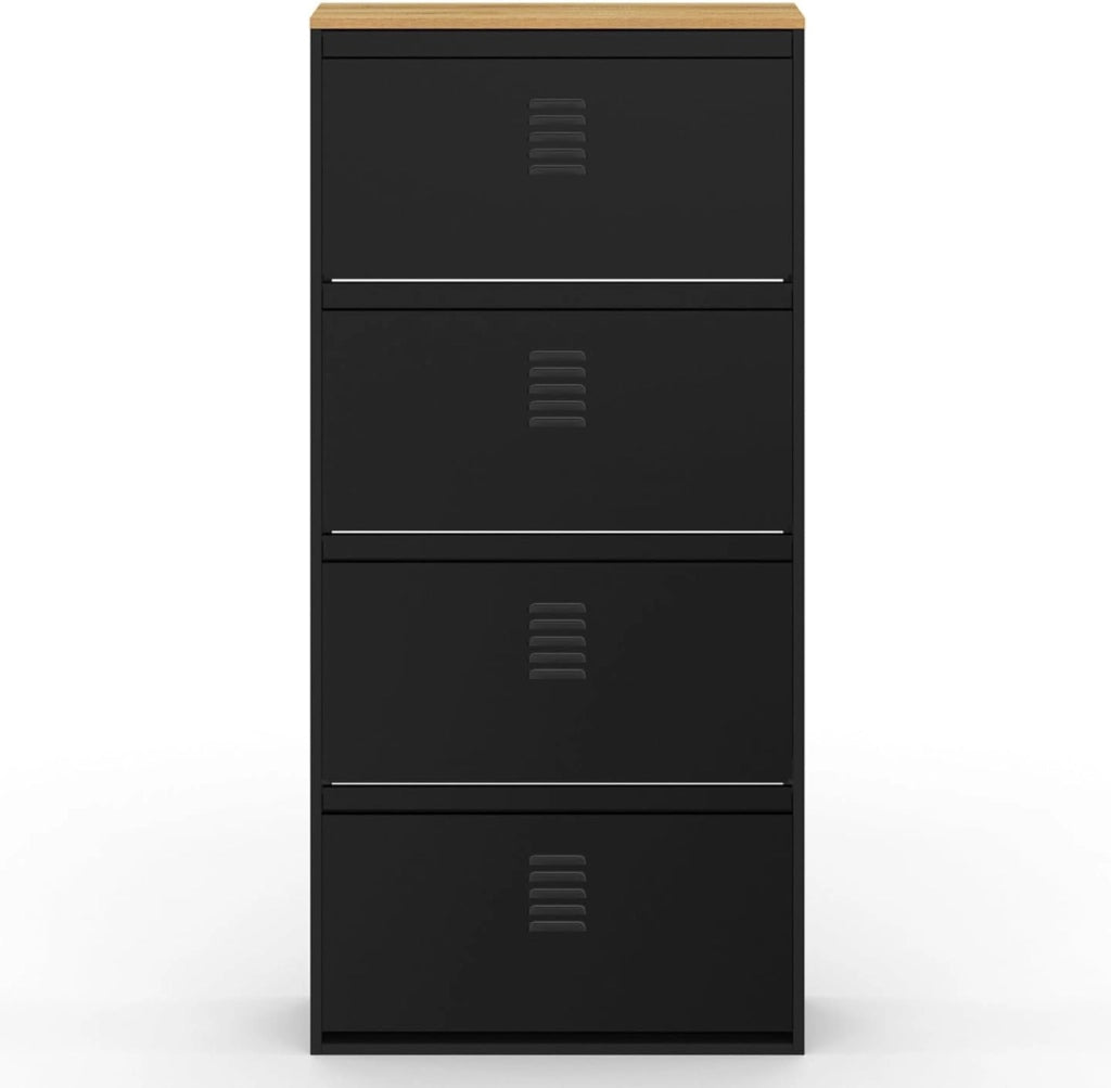 Scarpiera ESTER, capacità massima 24 paia, 4 ante in metallo nero e piano in legno dal design industriale