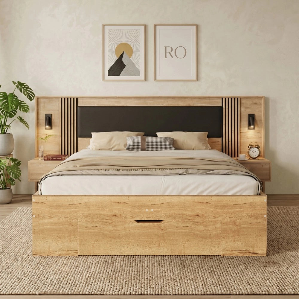 Letto Contenitore Matrimoniale con Cassetti e Comodini ¨C Xylo ¨C 180x200, Naturale