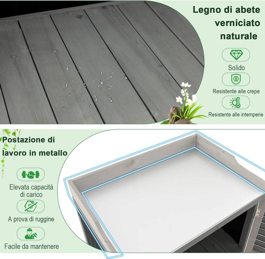 Armadietto da Esterno in Legno, Capanni da Esterno con Piano in Metallo Placcato e 2 Ante a Persiana, Mobile Porta Attrezzi da Giardino e Terrazzo, 67 x 47 x 100 cm, Grigio
