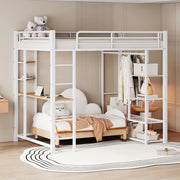 DESMIU Letto a Soppalco 2 Posti con Scrivania, Appendiabiti e Ripiani 140 × 200 cm, Senza Materasso, Metallo Bianco