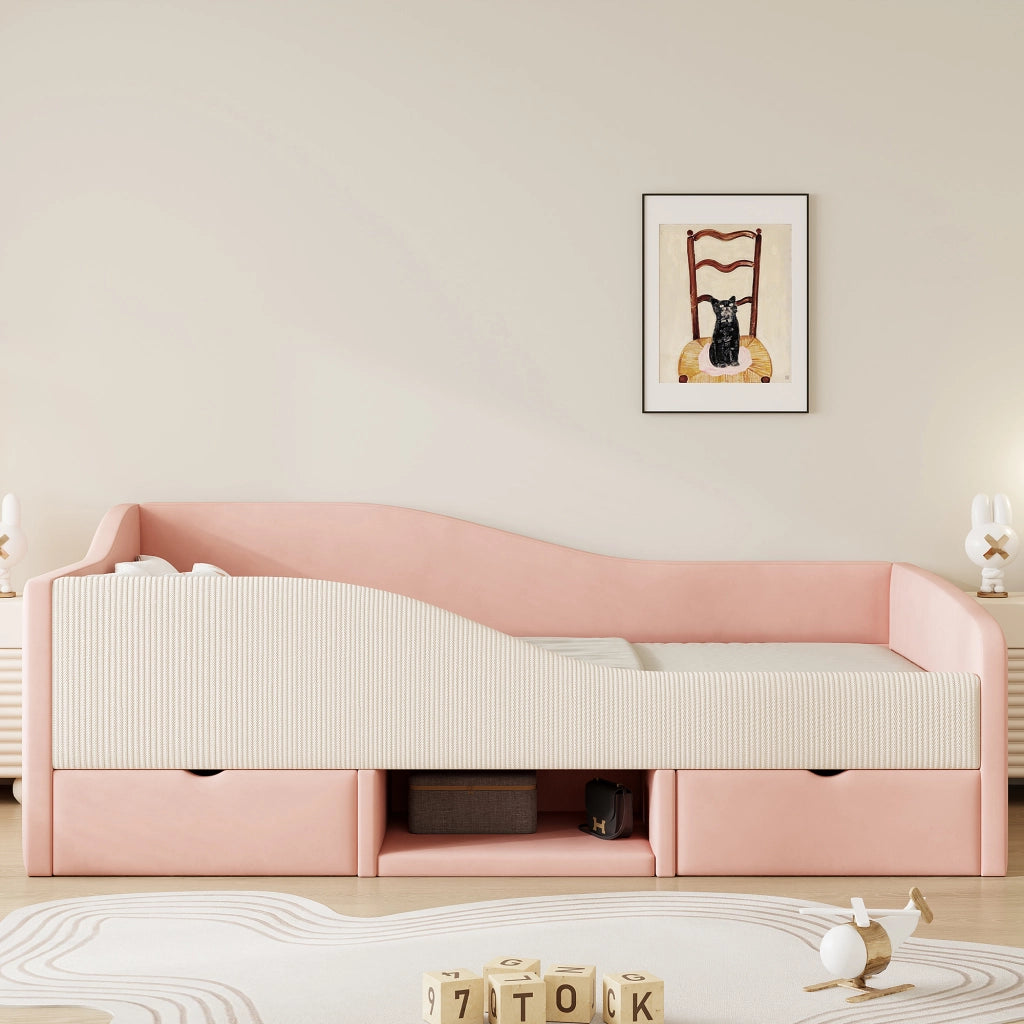 Letto singolo 90×190 cm con 2 cassetti; barriera e rete; senza materasso; velluto; rosa e bianco