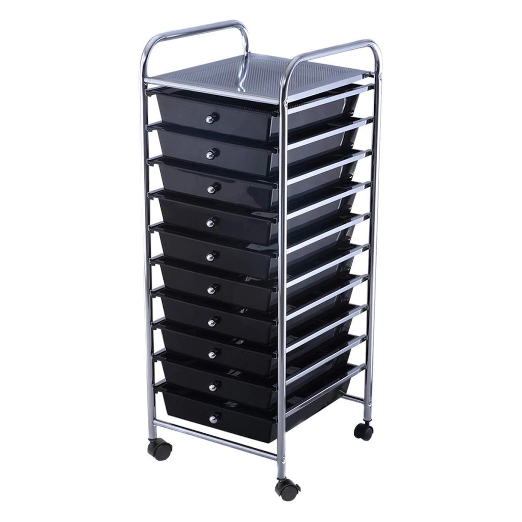Carrello con 10 Cassetti da Stoccaggio Contenitore Multiuso con Ruote a Freno, per Casa e Ufficio, di Metallo e Plastica