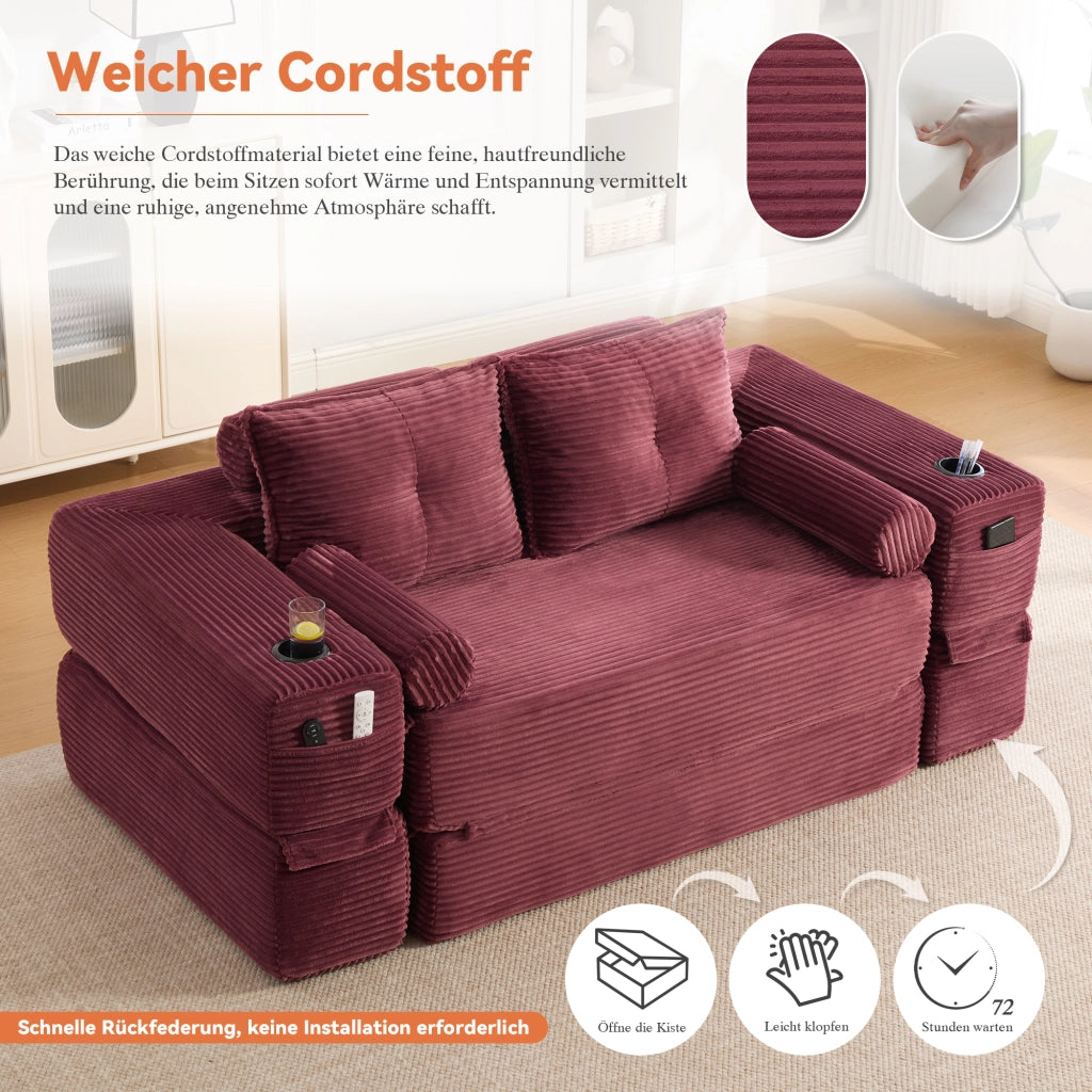 Divano letto in velluto a coste con cuscini memory, tasche laterali e portabicchieri, vino rosso 180 × 98 × 80 cm