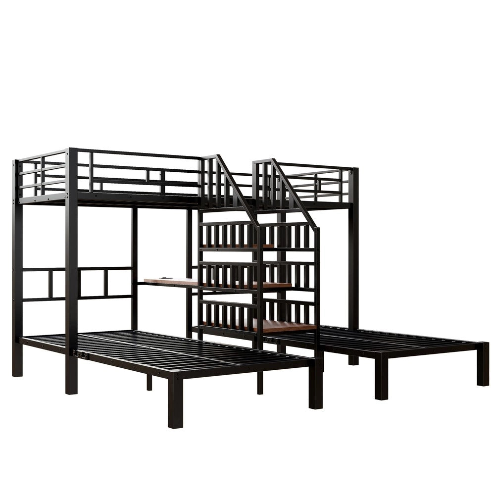 Letto a castello 3 posti con scrivania e luci LED ¨C Minimal ¨C nero metallo 90x200 cm