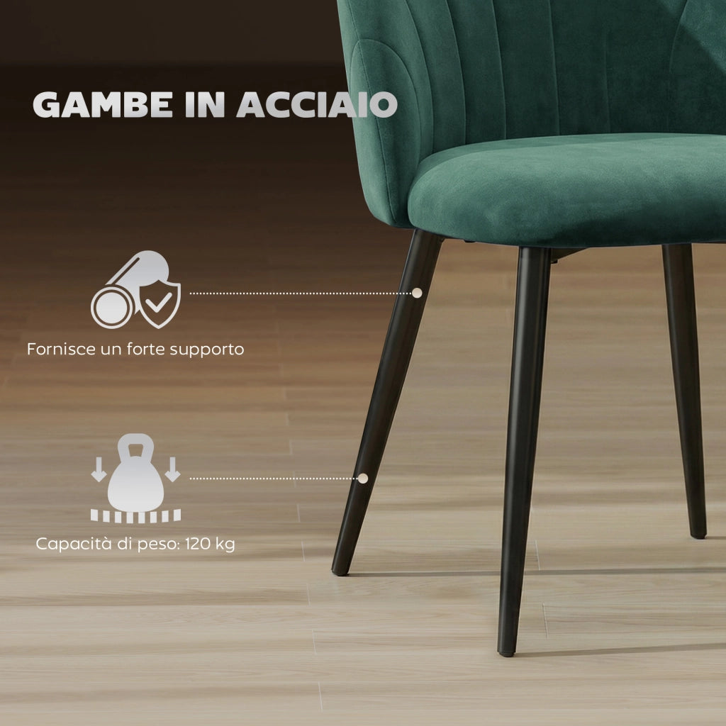 Set 2 Sedie da Pranzo Imbottite con Schienale a Conchiglia in Velluto, 52x55x79 cm, Verde Scuro