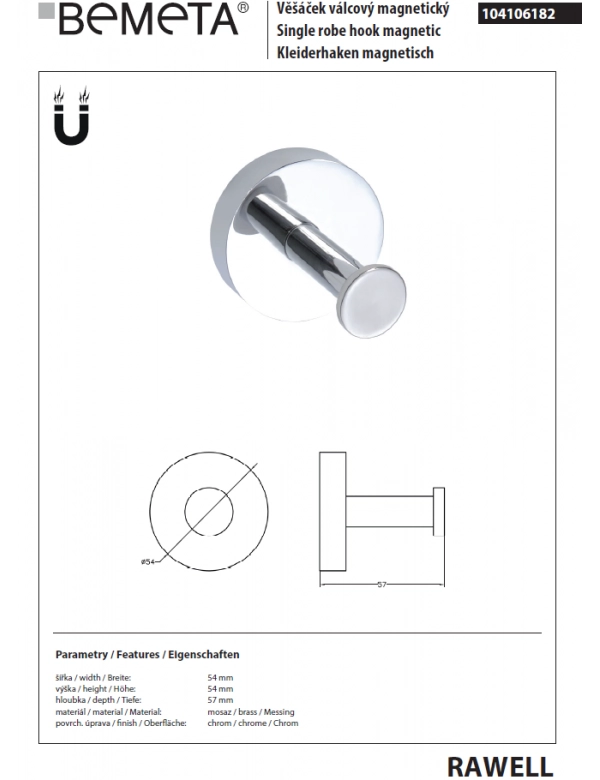Gancio radiatore magnetico RAWELL Ø 5,4 cm in cromo