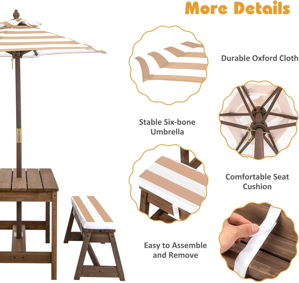Set di mobili da giardino per bambini con 2 panche e ombrello regolabile, in legno di abete, per bambini, con cuscino, set di mobili per giardino, terrazza, balcone (marrone)