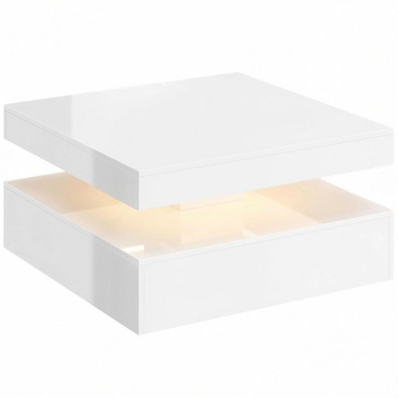 Tavolino da caffè 89.0x89.0x14.0 cm con LED RGB a 7 colori; ripiano aperto; pannello di fibra; bianco lucido