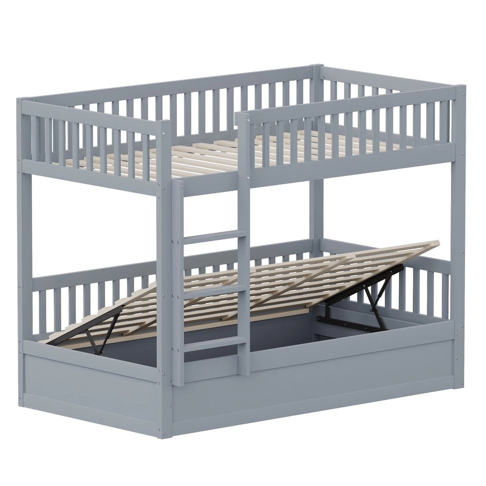Letto a castello bambini con contenitore idraulico ¨C MINIMAL ¨C Legno massello, Grigio, 90x200