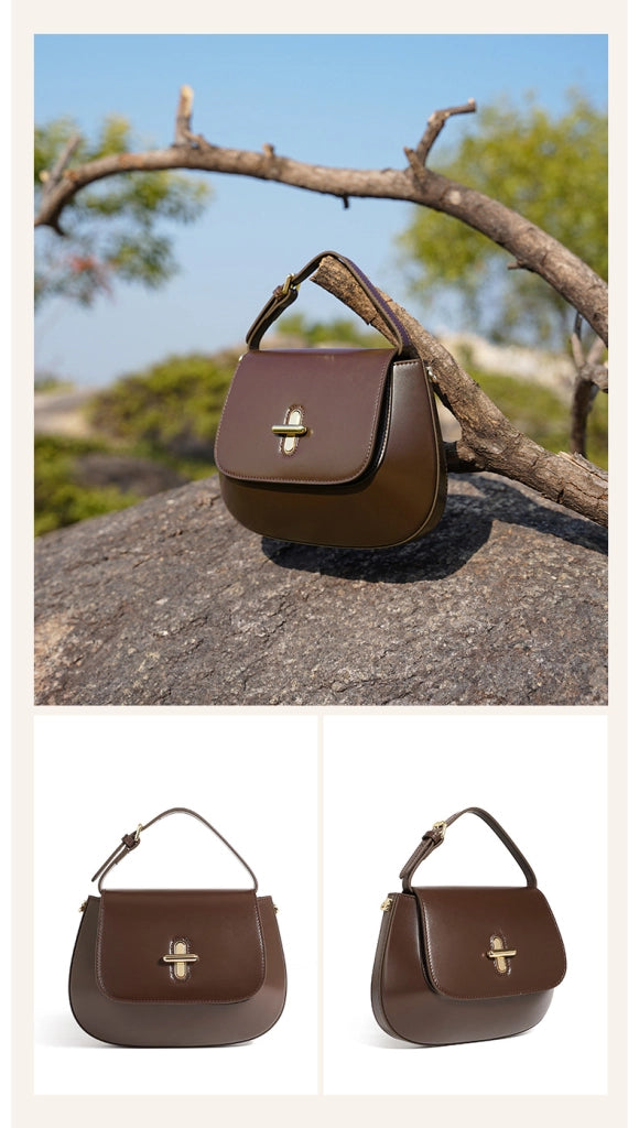 Borsa a tracolla da donna in vera pelle, stile vintage, marrone.