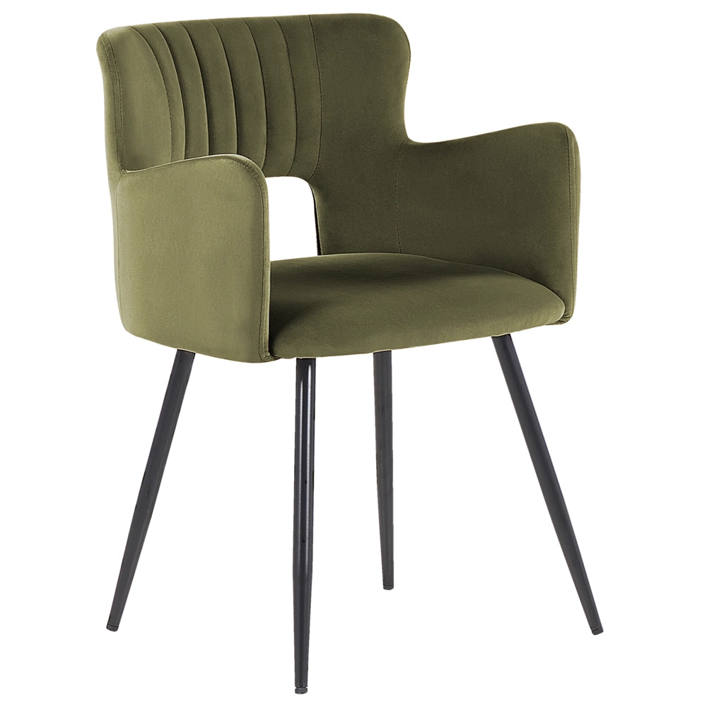 Set di 2 sedie da pranzo velluto verde oliva braccioli schienale intagliato gambe in metallo moderna industriale