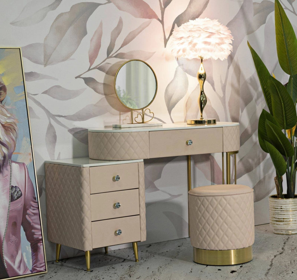 Toeletta Guidobono, Tavolo da toeletta, Postazione da trucco, Mobile consolle, 120x40 h75 cm, Rosa e Oro