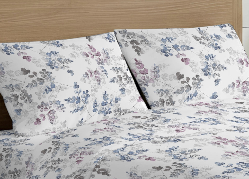 Completo Lenzuola Letto In 100% Cotone Made Italy Disegno Petalo - Singolo - Azzurro