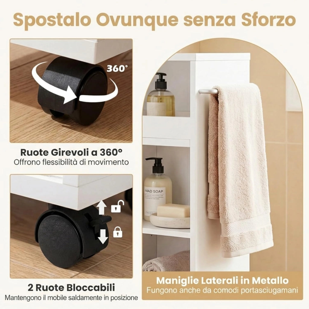 Mobile Bagno con Ruote, Mobiletto Laterale con Ripiano Regolabile, Porta Asciugamani e Ruote, Mobile Indipendente a Terra per Soggiorno, Cucina e Ingresso, 75 x 20 x 72 cm