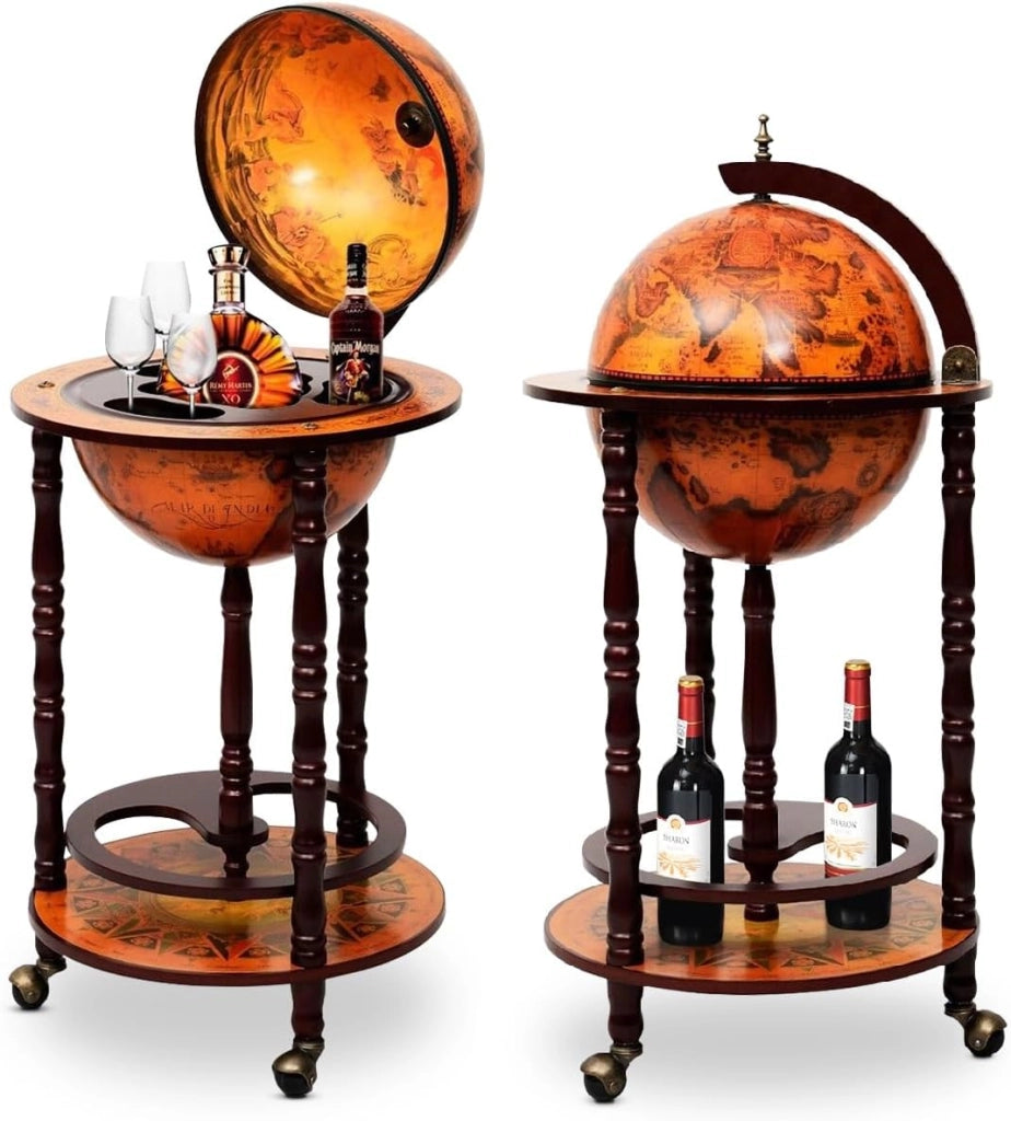 Portavino a Mappamondo, Portabottiglie a Forma di Mappamondo, Scaffale per Vino con Ruote,Porta Liquori Stile Retrò, Supporto per Bottiglia in Legno, 88 x 45 x 45cm