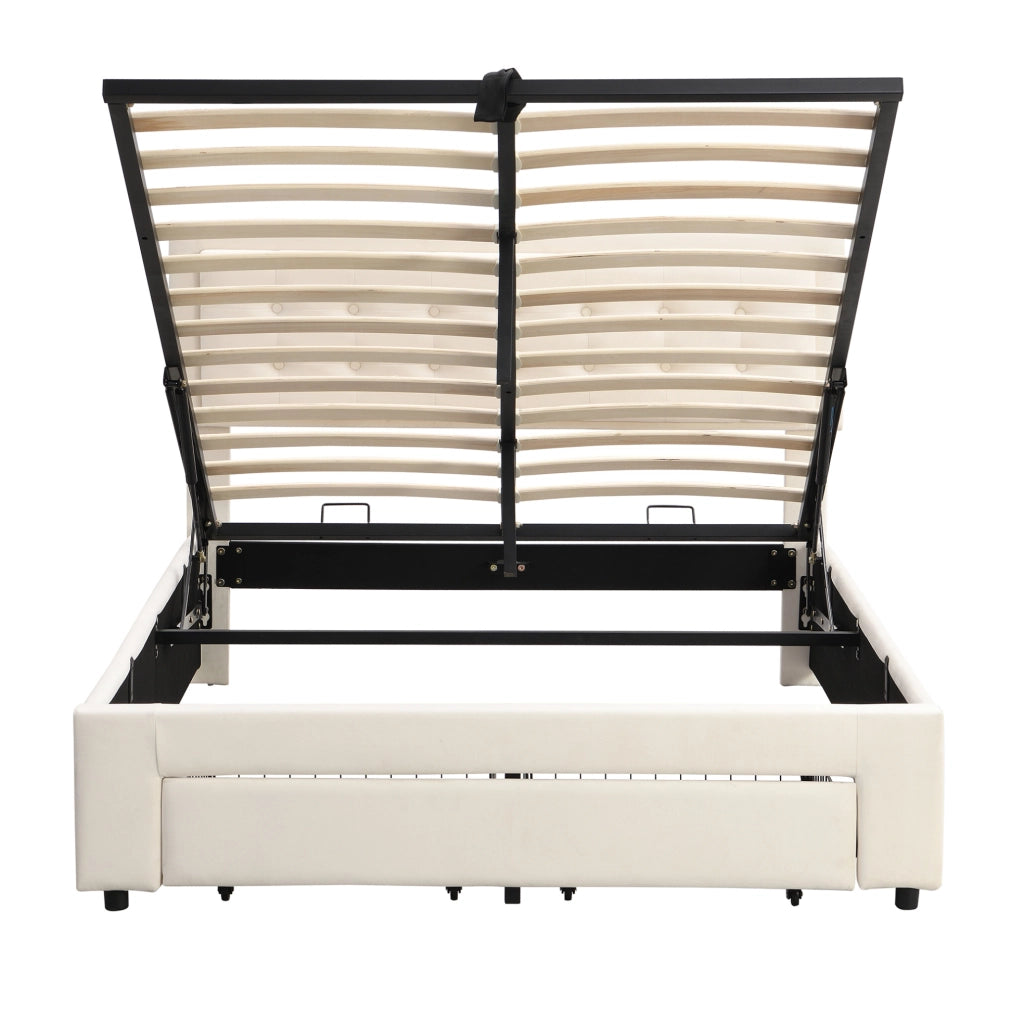 Letto imbottito 140x200 cm con contenitore idraulico e 2 cassetti in velluto beige