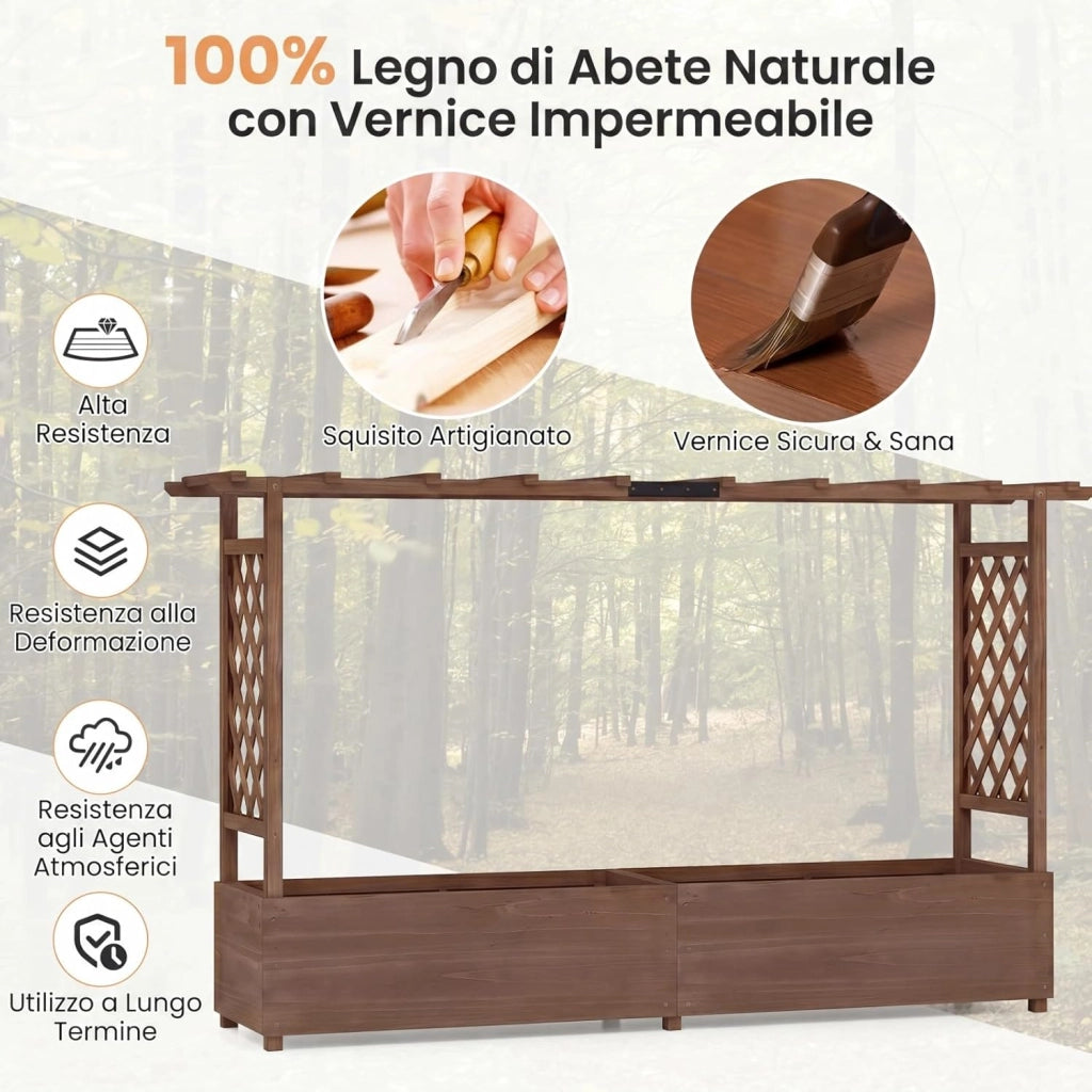 Fioriera Rialzata con Grigliato, Aiuola Rialzata con Traliccio per Piante Rampicanti e Fori di Drenaggio, Orto Elevato da Giardino, Terrazzo e Cortile (Marrone,200 x 44 x 114 cm)