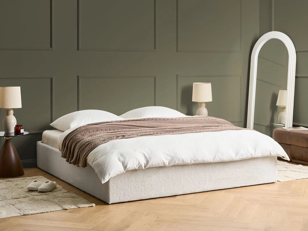 Letto matrimoniale con contenitore in tessuto bouclè bianco sporco 180 x 200 cm portaoggetti stile moderno