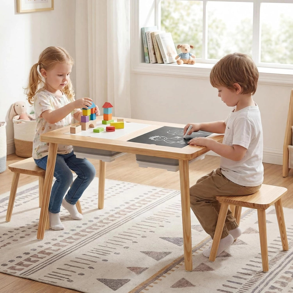 Set Tavolo con 2 Sedie per Bambini 3+ Anni, Tavolo e Sedie con Piano Doppio Lato Rimuovibile e 2 Contenitori, Gambe Robuste in Legno, Tavolo Attività per Gioco e Disegno (con Sedie Quadrate)