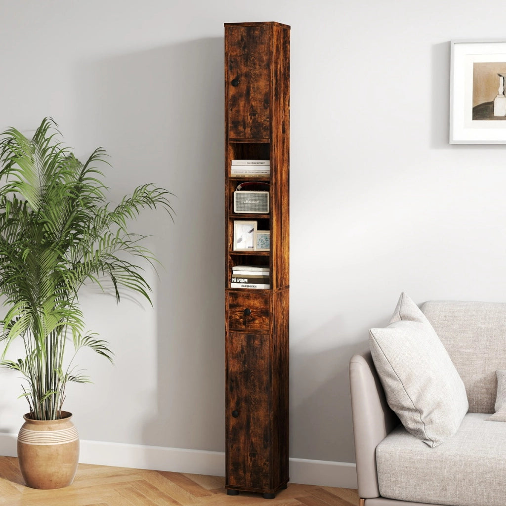 Armadio da bagno alto-Mobiletto da bagno slim con 1 cassetto di stoccaggio, Armadio da bagno 5 ripiani regolabili struttura antiscivolo Marrone