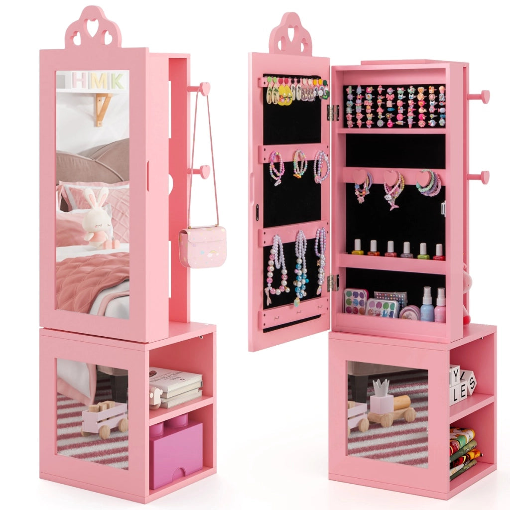 Armadio portagioie per bambini con specchio a figura intera e appendiabiti, Armadio porta abiti 3 in 1 per ragazze Rosa-Armadietti per gioielli