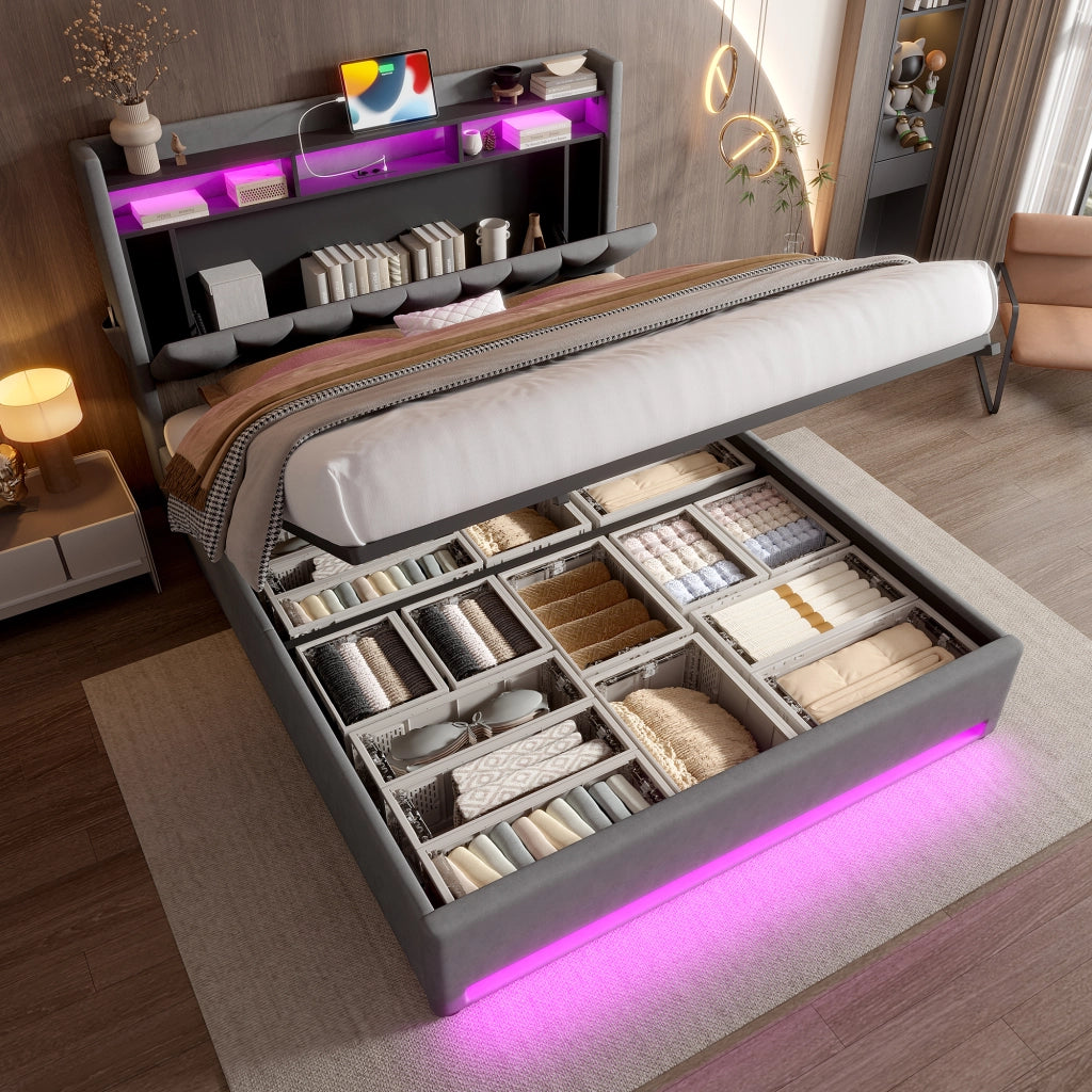LETTO Imbottito 160x200 cm in velluto grigio con LED, USB e vano contenitore