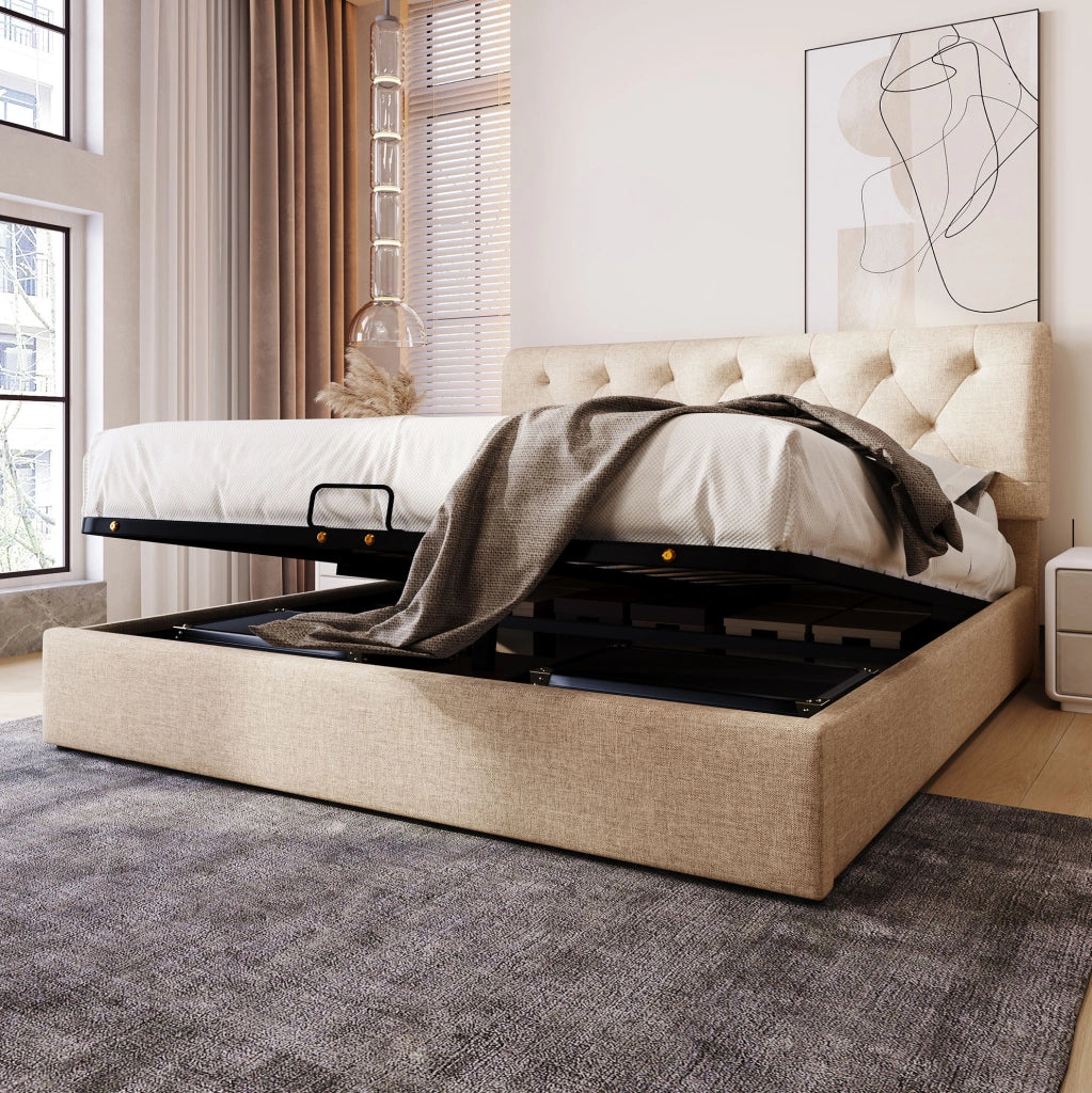 Letto matrimoniale 160x200 cm con contenitore; testiera regolabile; lino naturale