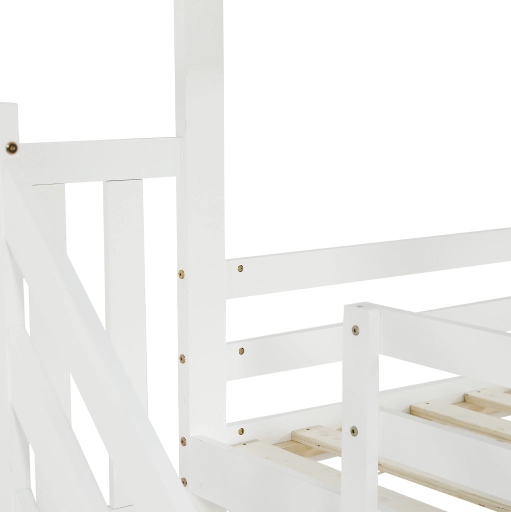 Letto a castello per bambini 90x200 cm con tetto, finestre e scala contenitore