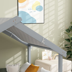 Letto Singolo per Bambini Casetta Tetto Stellato in Tessuto 213x100x140 cm Grigio