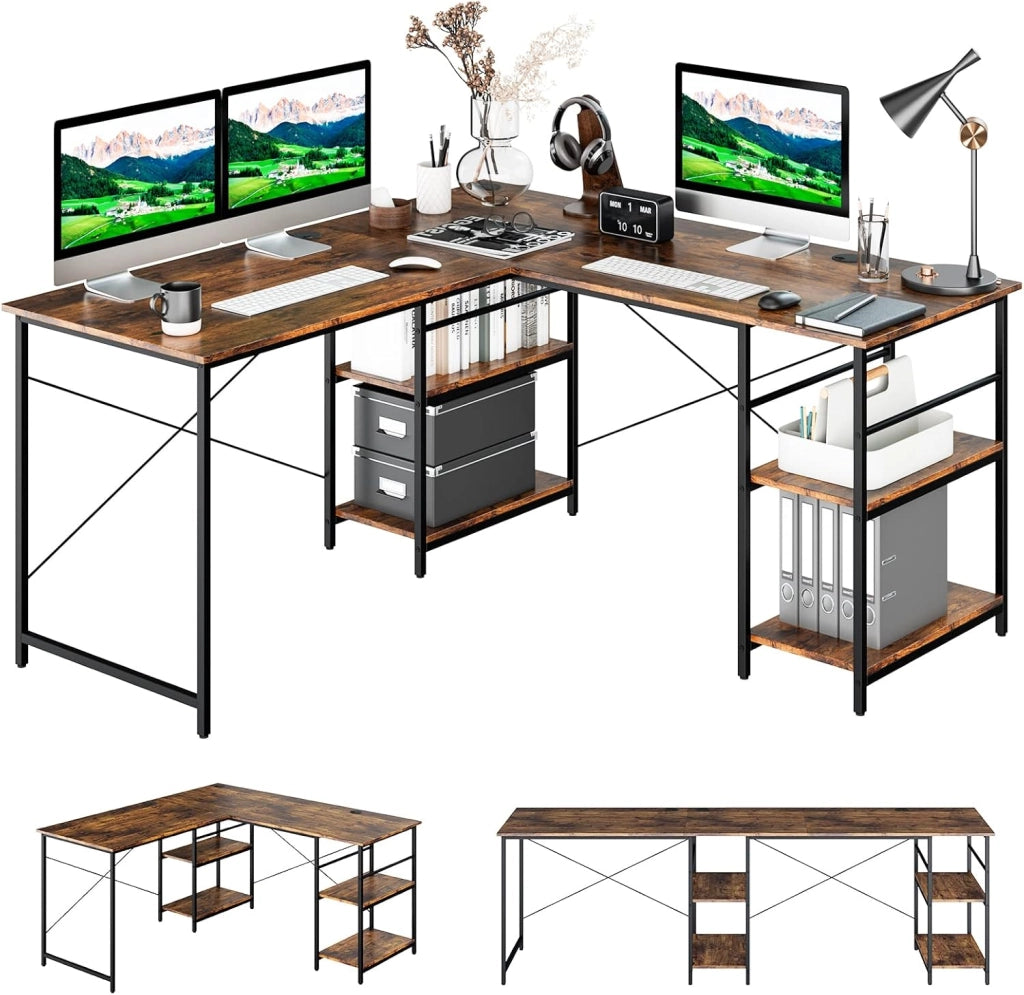 Scrivania Angolare per Computer con Supporto per Monitor, Scrivania Porta PC in Legno, Scrivania Salvaspazio e Moderna per Ufficio e Studio, 242 x 60 x 75 cm (Marrone)