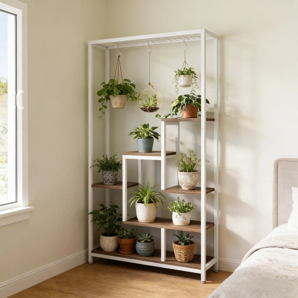PORTAFIORI A SCALA 108x37x19 cm Metallo e Legno Beige/Bianco
