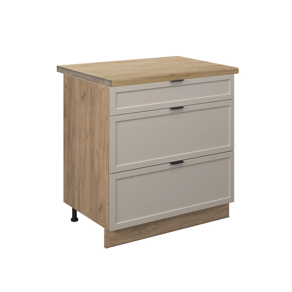 Mobiletto base per cucina Fame-Line GrigioBeige/Rovere dorato 80 cm con 3 cassetti, PL Rovere Vicco