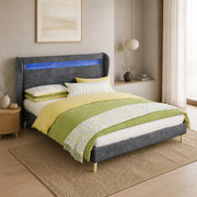 Letto imbottito con LED e testiera regolabile 140x200 cm in tessuto e metallo; grigio