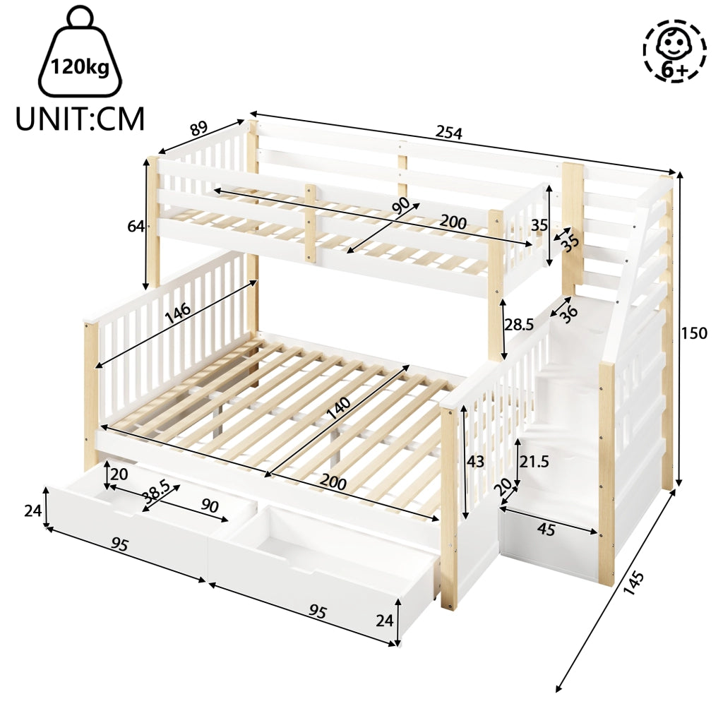 Castello 90x200 sopra 140x200 bianco/naturale cassetti e vano